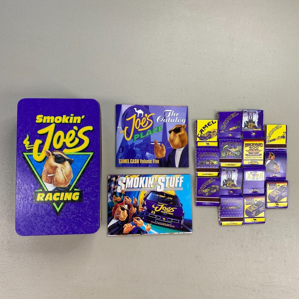 Vintage Smokin' Joe's Racing Tin Match Box + Joe Camel Matches Purple Nascar 90s